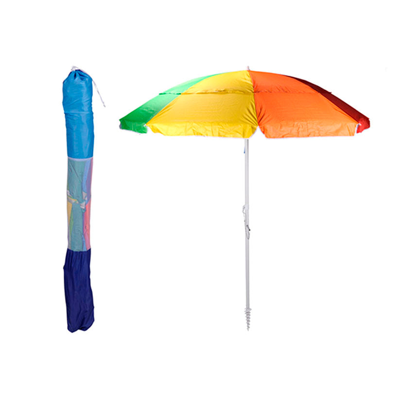 Sombrilla de playa multicolor de franjas con punta de rosca para anclaje en arena