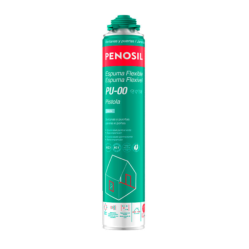 Bote de espuma de poliuretano flexible Penosil PU-00 para aplicación con pistola, color verde, 750 ml.