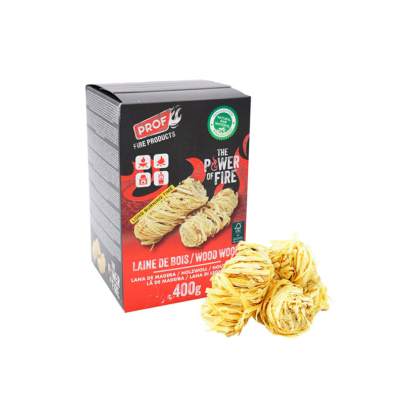 Caja de lana de madera PROF Fire Products de 400g con ovillos de encendido natural para chimeneas y barbacoas.