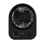 Vista frontal del termoventilador vertical JATA JCTV1240 negro con mandos de control y rejilla circular.