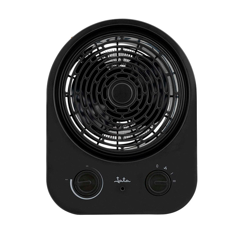 Vista frontal del termoventilador vertical JATA JCTV1240 negro con mandos de control y rejilla circular.