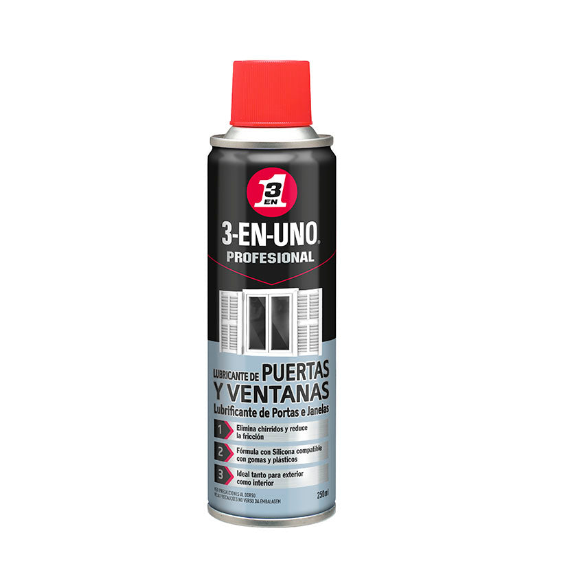 Bote de spray lubricante 3-EN-UNO Profesional de 250ml para puertas y ventanas con fórmula de silicona