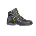 Bota de seguridad Albatros Gravity CTX Mid negra con detalles amarillos, puntera reforzada y membrana impermeable.