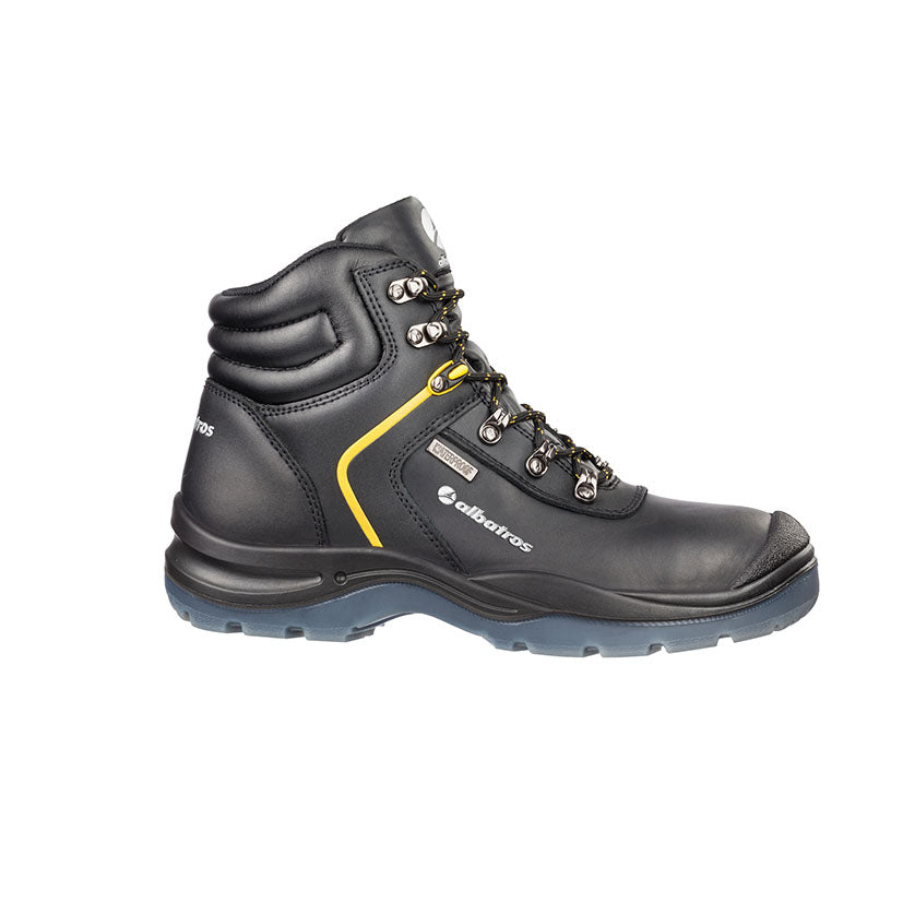 Bota de seguridad Albatros Gravity CTX Mid negra con detalles amarillos, puntera reforzada y membrana impermeable.