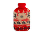 Bolsa de agua caliente Pengo con funda azul celeste y patrones de copos de nieve y renos blancos.