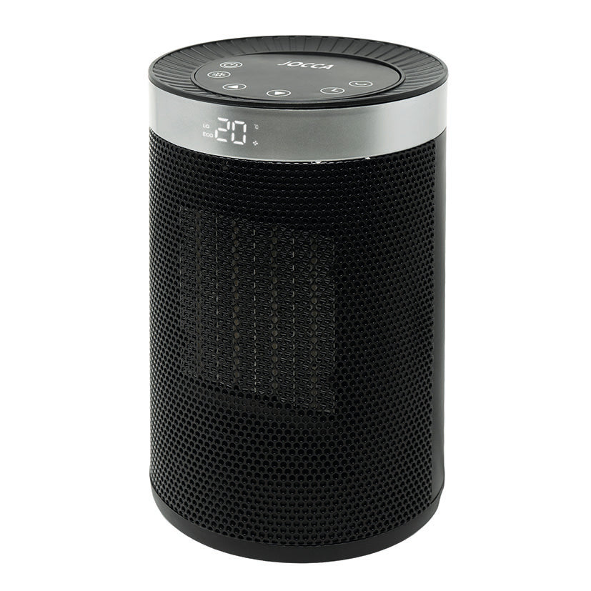 Calefactor cerámico digital JOCCA 2996 negro con rejilla frontal y pantalla LED de temperatura.