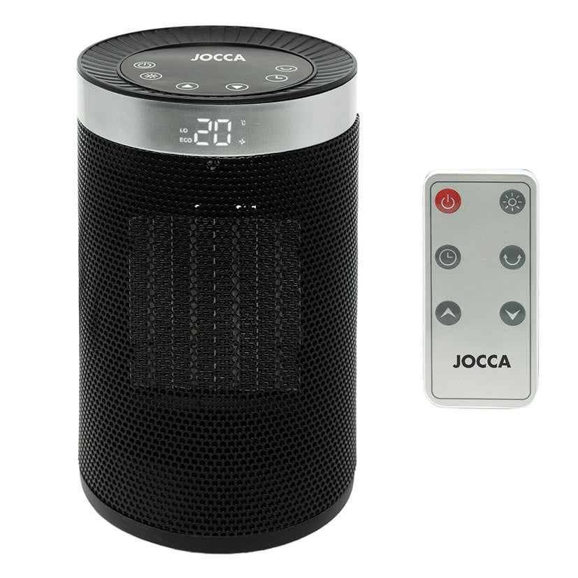 Calefactor JOCCA 2996 de 1500W junto a su mando a distancia inalámbrico para control remoto.