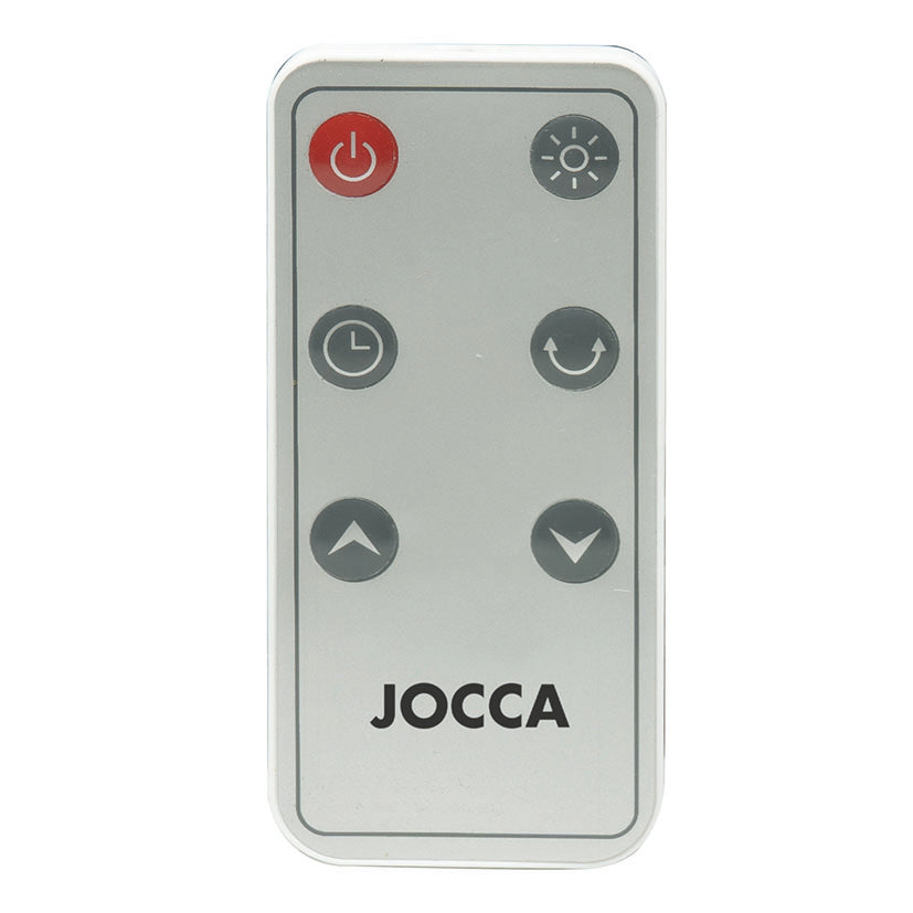 Mando a distancia compacto del calefactor JOCCA con botones de encendido, temporizador y oscilación.