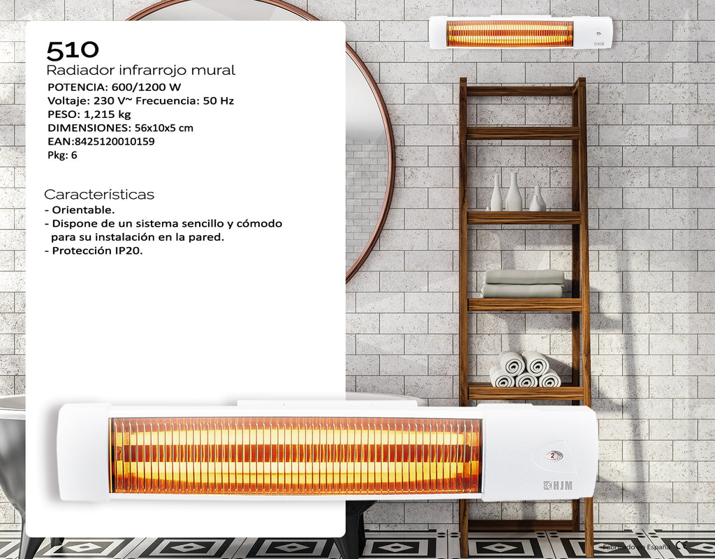 Infografía técnica del radiador HJM 510 con especificaciones de potencia y dimensiones.