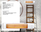 Infografía técnica del radiador HJM 510 con especificaciones de potencia y dimensiones.