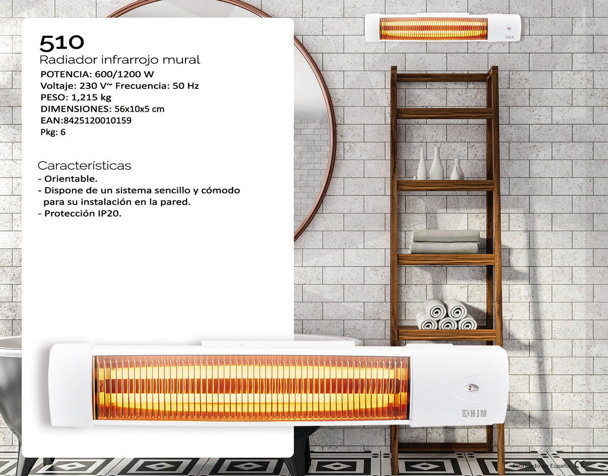 Infografía técnica del radiador HJM 510 con especificaciones de potencia y dimensiones.