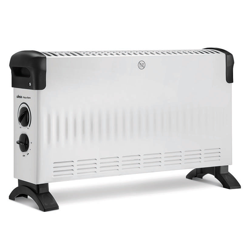 Convector eléctrico Ufesa Polux Nano blanco con mandos laterales y rejilla superior de salida de aire.