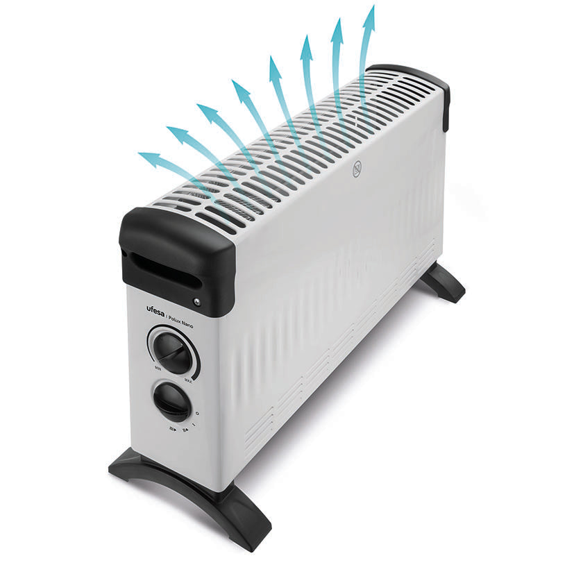 Vista superior del calefactor Ufesa Polux Nano mostrando el flujo de aire caliente mediante flechas azules.