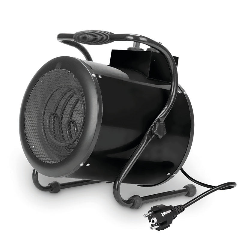 Calefactor industrial Fácula Etna negro con rejilla frontal y asa de transporte ergonómica.