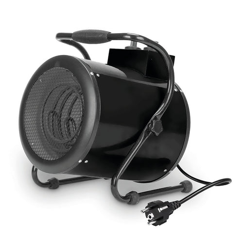 Calefactor industrial Fácula Etna negro con rejilla frontal y asa de transporte ergonómica.