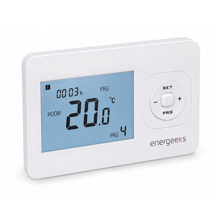 Termostato inteligente ENERGEEKS Jasper con pantalla digital mostrando temperatura ambiente de 20 grados