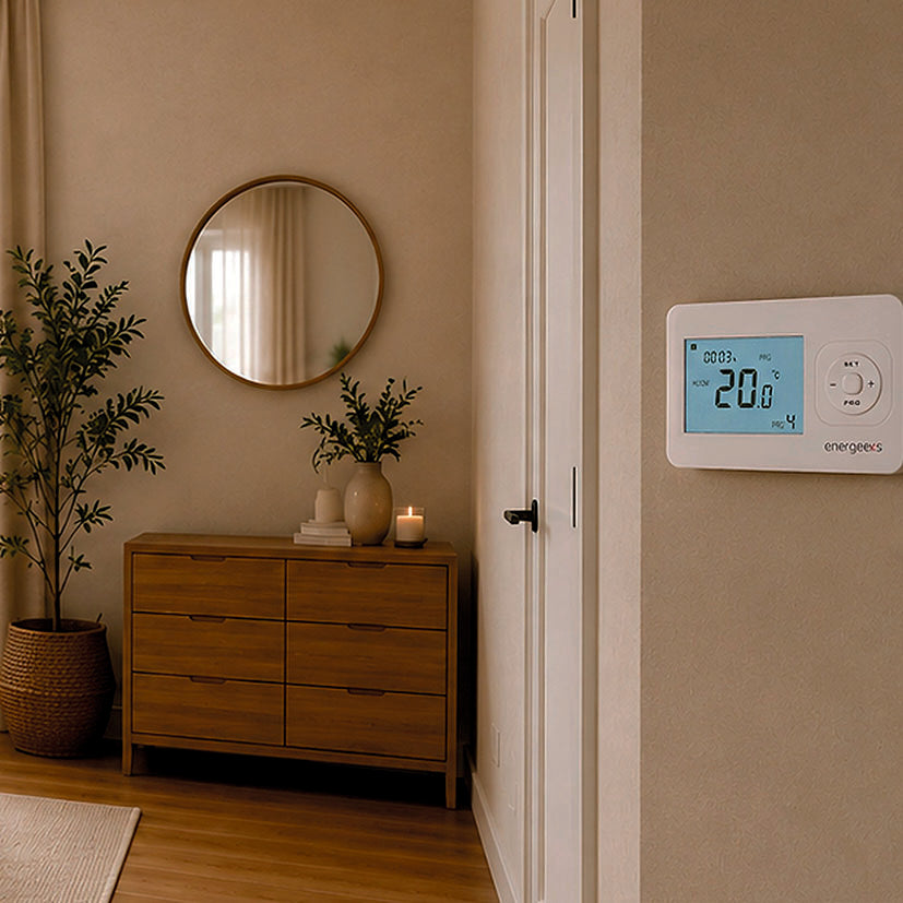 Termostato WiFi ENERGEEKS Jasper instalado en la pared de una estancia moderna con decoración minimalista