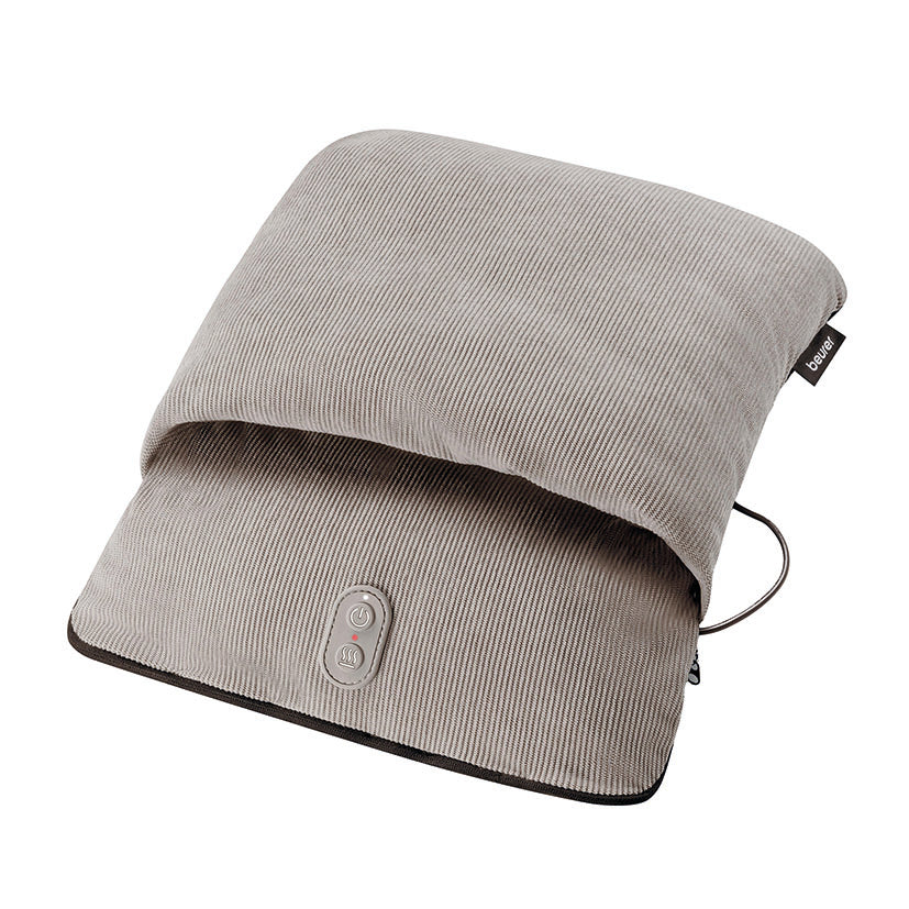 Calientapiés y masajeador de pies Beurer FM-28 en color gris con textura de pana y panel de control frontal.