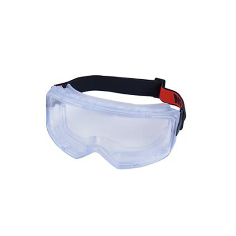 Gafas de seguridad 3M GoggleGear GG3101-SGAF con montura transparente y cinta elástica de ajuste negra y roja.