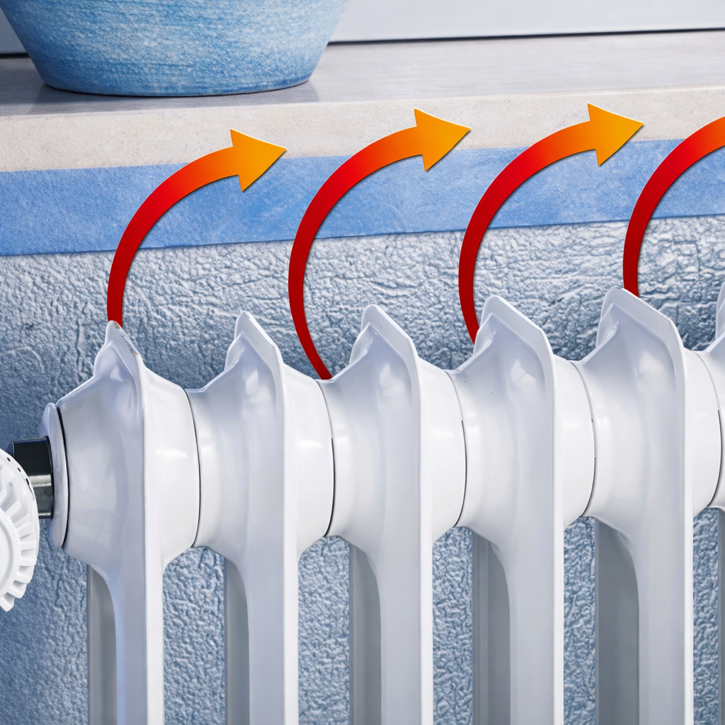 Infografía que muestra cómo el calor de un radiador es reflejado hacia el interior de la habitación mediante una lámina térmica instalada en la pared.