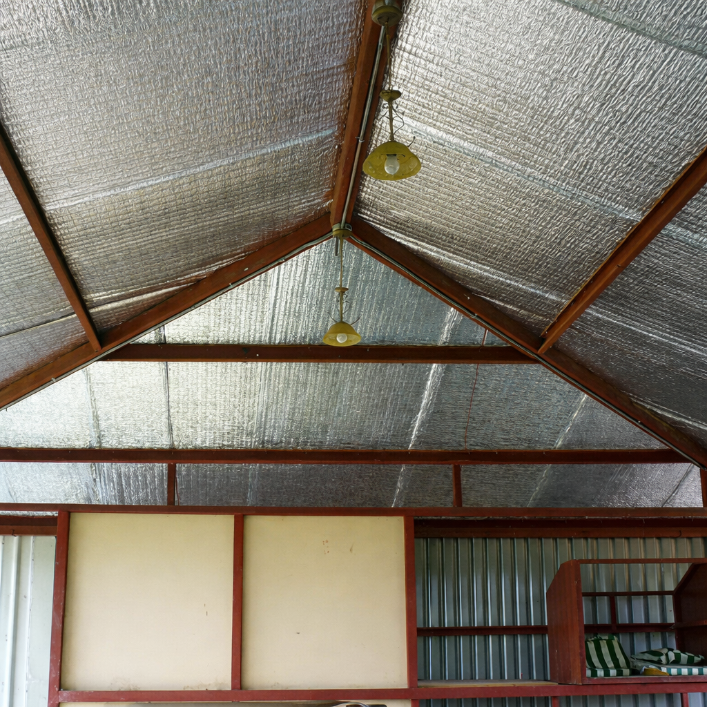 Instalación de aislamiento térmico reflectivo de aluminio en la estructura interior de un tejado a dos aguas para control de temperatura.