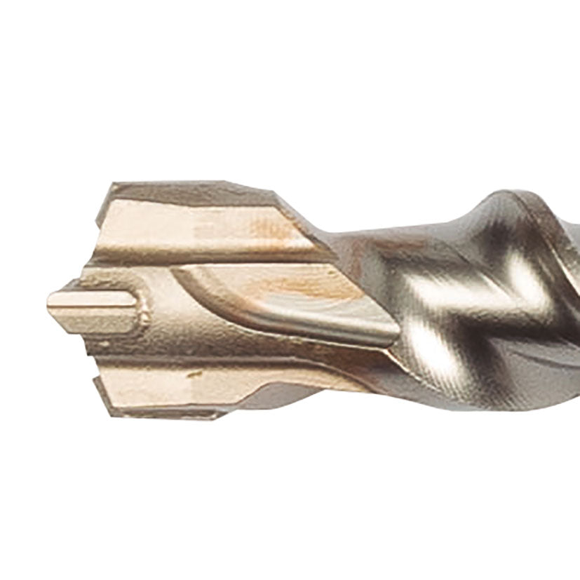  Primer plano del cabezal de la broca SDS-Max RATIO Pro-Series, destacando sus 4 puntas de carburo y la punta centradora para una perforación precisa en hormigón.