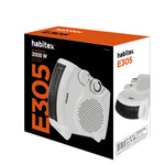 Embalaje del termoventilador Habitex E305 de 2000 W, marca Habitex y las especificaciones técnicas del modelo E305.