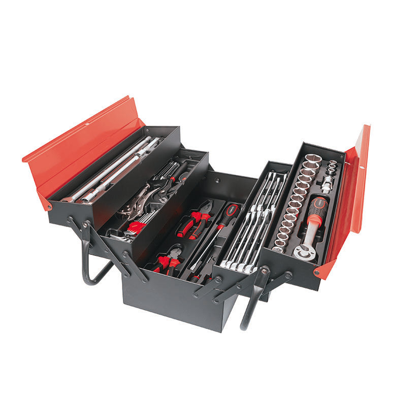 Caja de herramientas metálica RATIO 6978H63 completamente abierta, mostrando la carraca, llaves de vaso 1/2", destornilladores y alicates en sus 5 compartimentos.