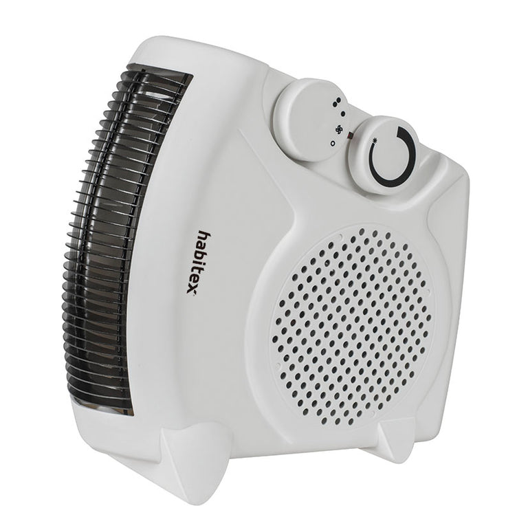 Vista frontal del termoventilador Habitex E305, blanco, 2000W, ideal para baño y habitaciones, con función calefactor y ventilador.
