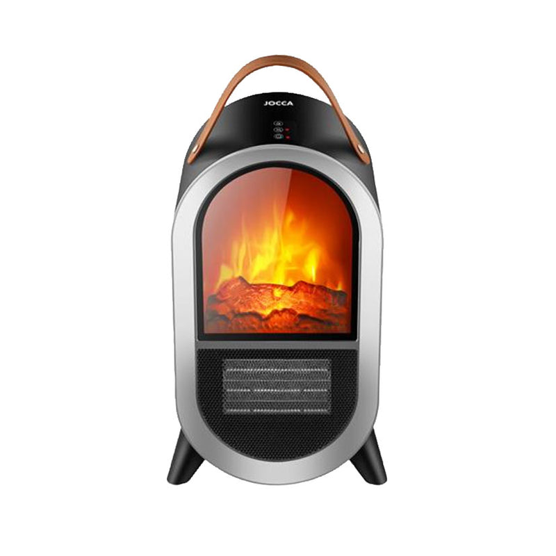 Calefactor cerámico JOCCA negro con diseño de chimenea y asa de transporte estilo cuero