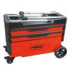 Carro portaherramientas RATIO 7705 plegado, listo para ser transportado en vehículo, mostrando ruedas y estructura rígida de chapa.
