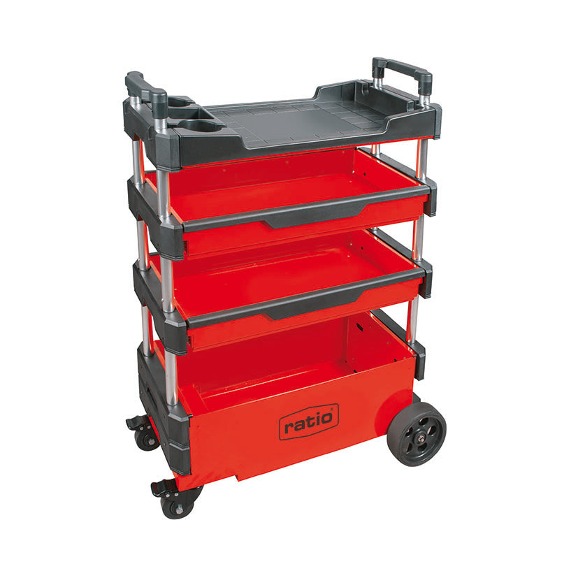 Carro RATIO 7705 totalmente extendido, mostrando las 4 bandejas internas, la encimera termoplástica y los cajones abiertos.