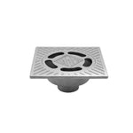 Vista lateral inferior del sumidero de desagüe JAMYS de aluminio mostrando la salida para conexión a tuberías. Ideal para instalación rápida en reformas de terrazas o suelos.