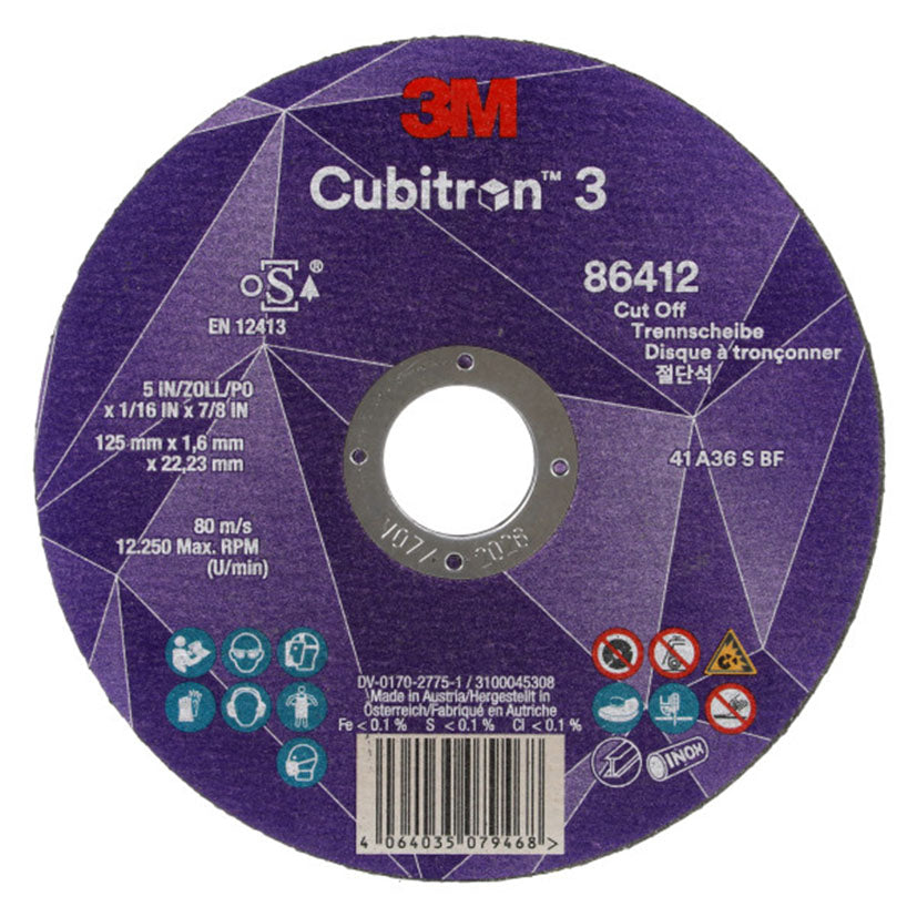 Disco de corte abrasivo 3M Cubitron 3 T41, con la referencia 86412, 125×1,6 mm, certificado INOX.