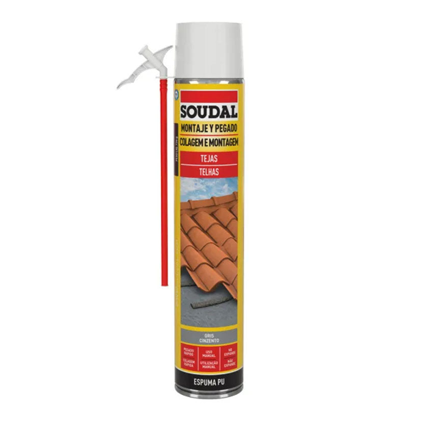 Espuma Adhesiva de Poliuretano SOUDAL para Tejas | Aplicación con Cánula | Color Gris
