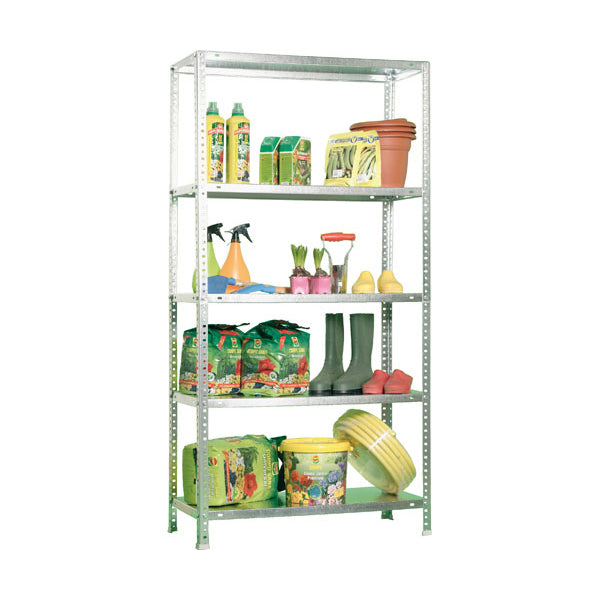 Estantería Simonrack Comfort Plus 5/500 montada de forma completa con 5 estantes en acabado galvanizado, vista frontal.