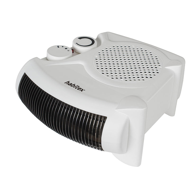 Detalle del calefactor ventilador Habitex E305, mostrando el termostato regulable y los mandos de selección de potencia en su posición horizontal.