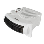 Detalle del calefactor ventilador Habitex E305, mostrando el termostato regulable y los mandos de selección de potencia en su posición horizontal.