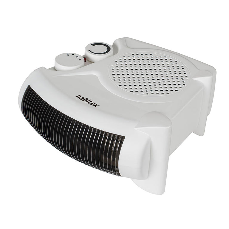 Detalle del calefactor ventilador Habitex E305, mostrando el termostato regulable y los mandos de selección de potencia en su posición horizontal.