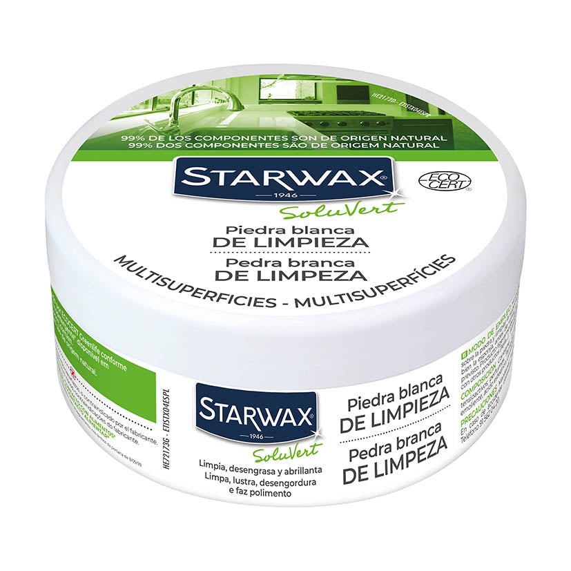 Envase de la Piedra Blanca de Limpieza STARWAX Soluvert de 375 gr, con sello ECOCERT, 99% de origen natural.