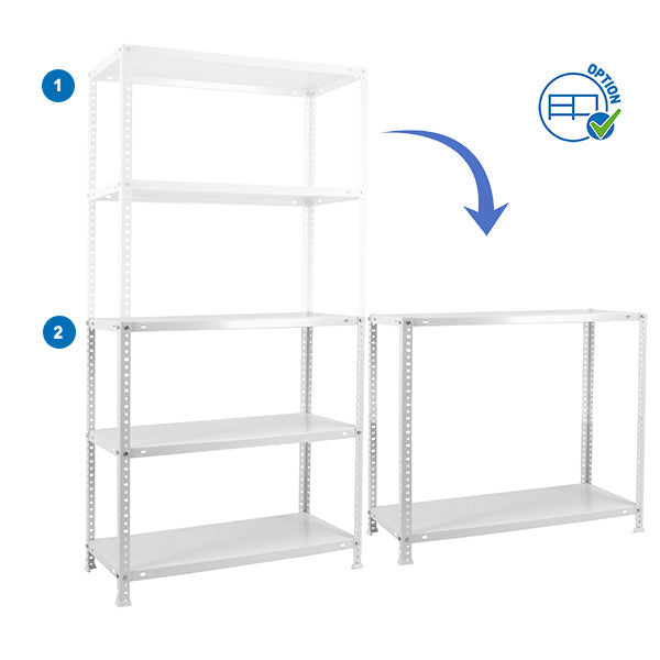 Ejemplo de uso y montaje de la estantería metálica blanca Comfort Plus en un entorno de taller organizado