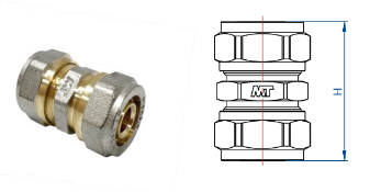 Dibujo técnico con cotas del manguito de unión MT, indicando dimensiones de largo para instalación de fontanería.