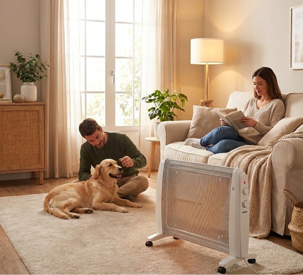 Radiador eléctrico de mica HABITEX E5701 blanco, con ruedas y panel de control, mostrando su diseño delgado y ligero.