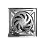 Primer plano de la rejilla de sumidero JAMYS, diseño en espiral, ideal para sumidero sifonico inox de terraza.