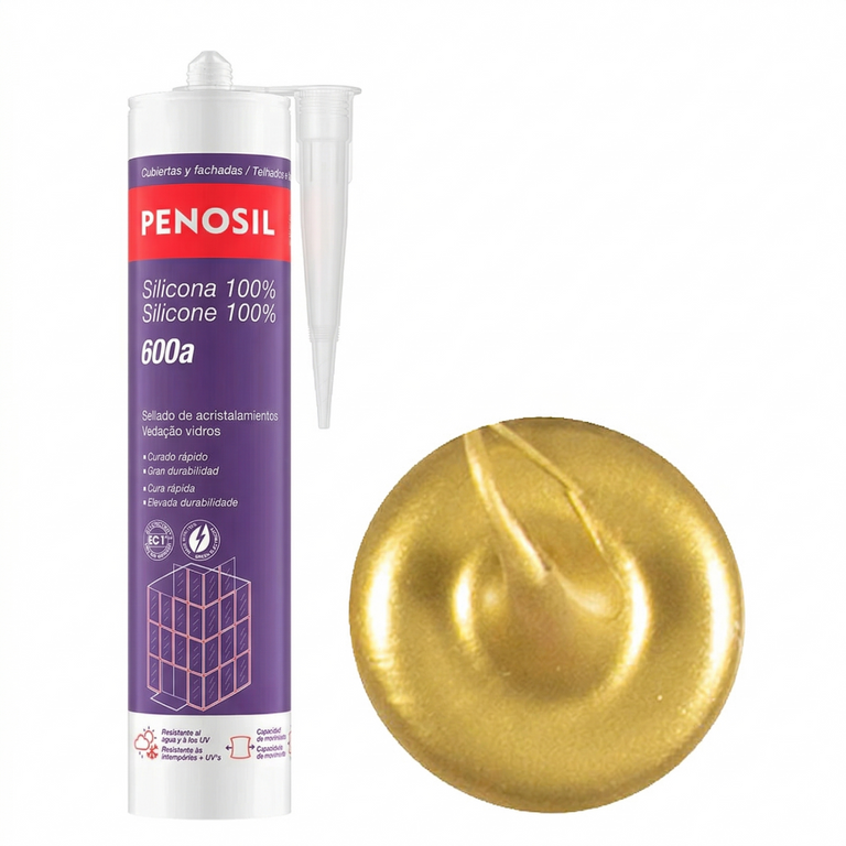 Cartucho de silicona Acetica Penosil 600a color oro 300ml con muestra de textura dorada