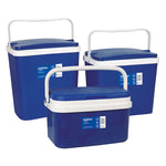 Comparativa de tamaños 16L, 24L y 29L de la nevera rígida azul para camping.