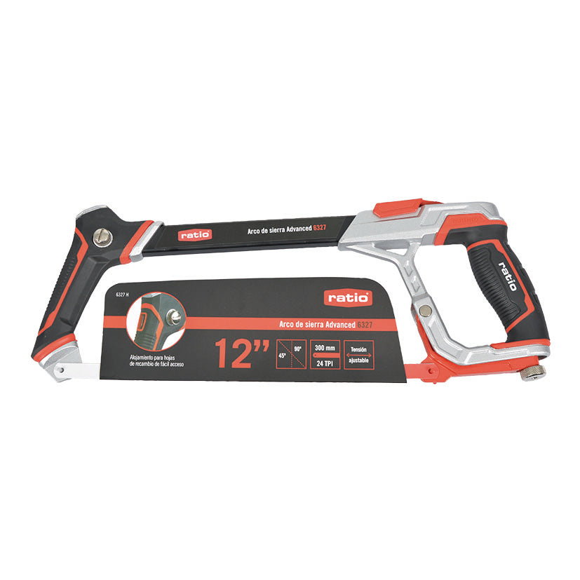 Arco de sierra profesional Ratio 6327 con hoja de 12 pulgadas y empaque informativo.
