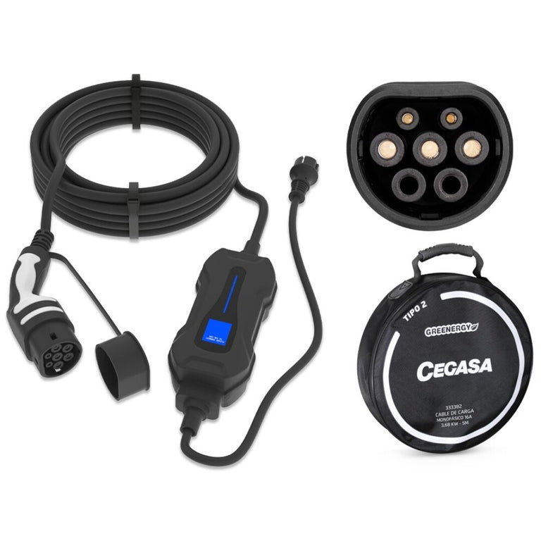 Fotografía del cargador portátil Cegasa que muestra el conector estándar europeo Tipo 2, la unidad de control, cable de 5 metros y enchufe Schuko para vehículos eléctricos.