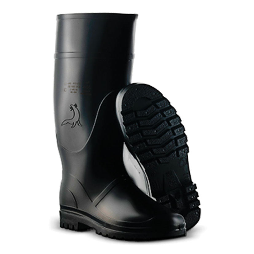 Bota de agua profesional Mavinsa 106 Rain de caña alta en color negro, mostrando el logotipo de la foca y el relieve ergonómico en el tobillo.