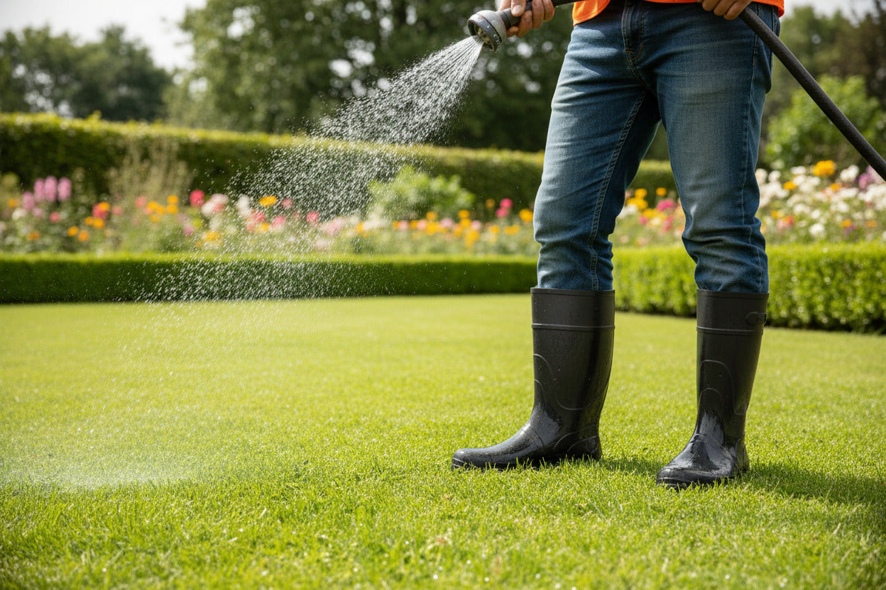 Bota de agua profesional Mavinsa 106 Rain de caña alta en color negro, mostrando el logotipo de la foca y el relieve ergonómico en el tobillo.